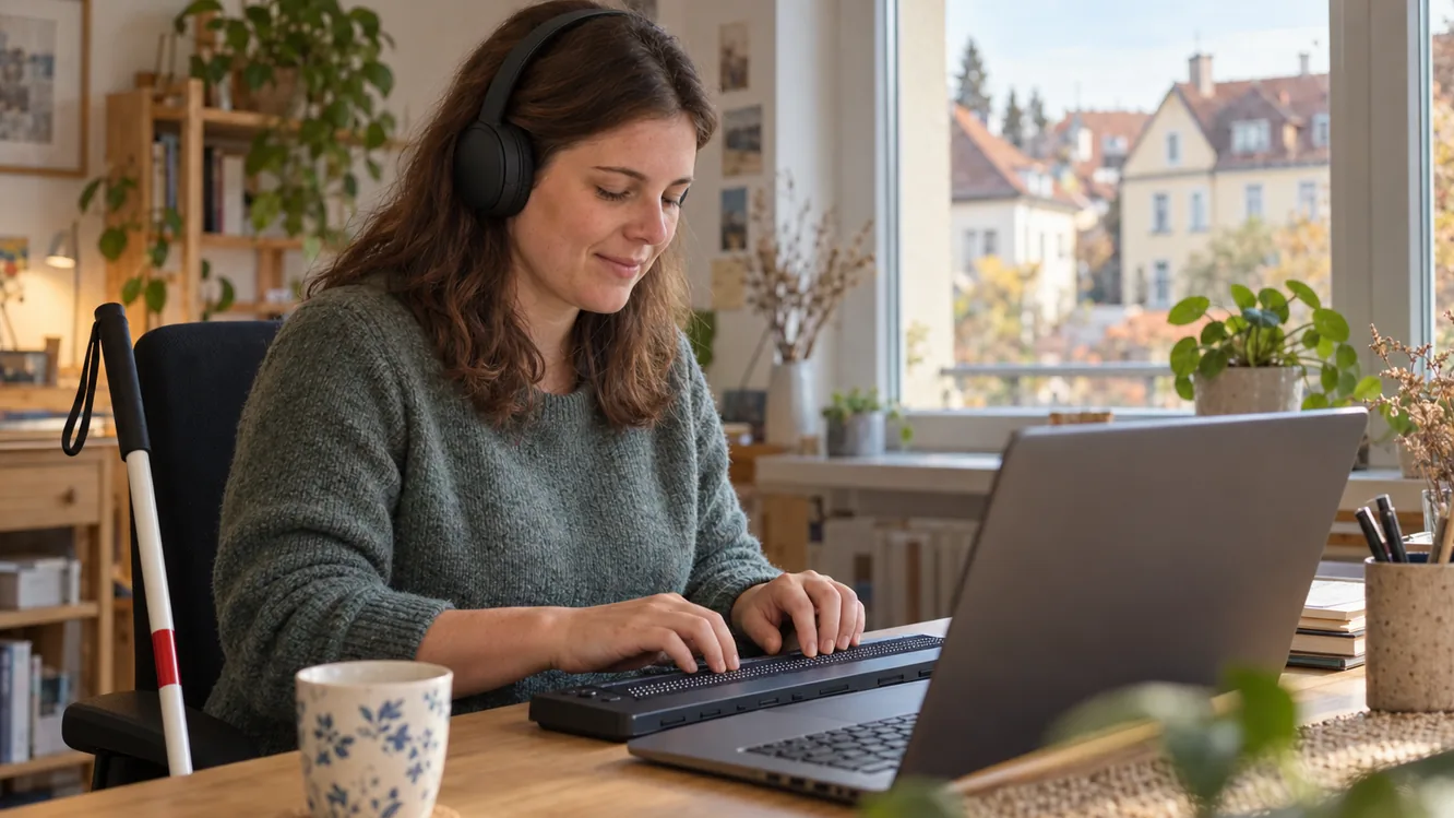 Frau mit Kopfhörern liest an einer Braillezeile vor ihrem Laptop, neben dem Schreibtisch lehnt ein weißer Langstock